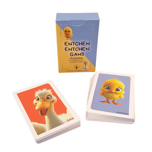 Ente-Gänse-Kartenspiel mit Box und Kartenstapeln mit Entchen- und Gansmotiv