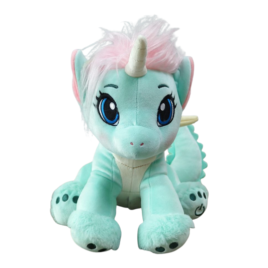 Einhorn-Plüschtier mit türkisfarbenem Fell, pinker Mähne, beigem Horn und großen blauen Augen