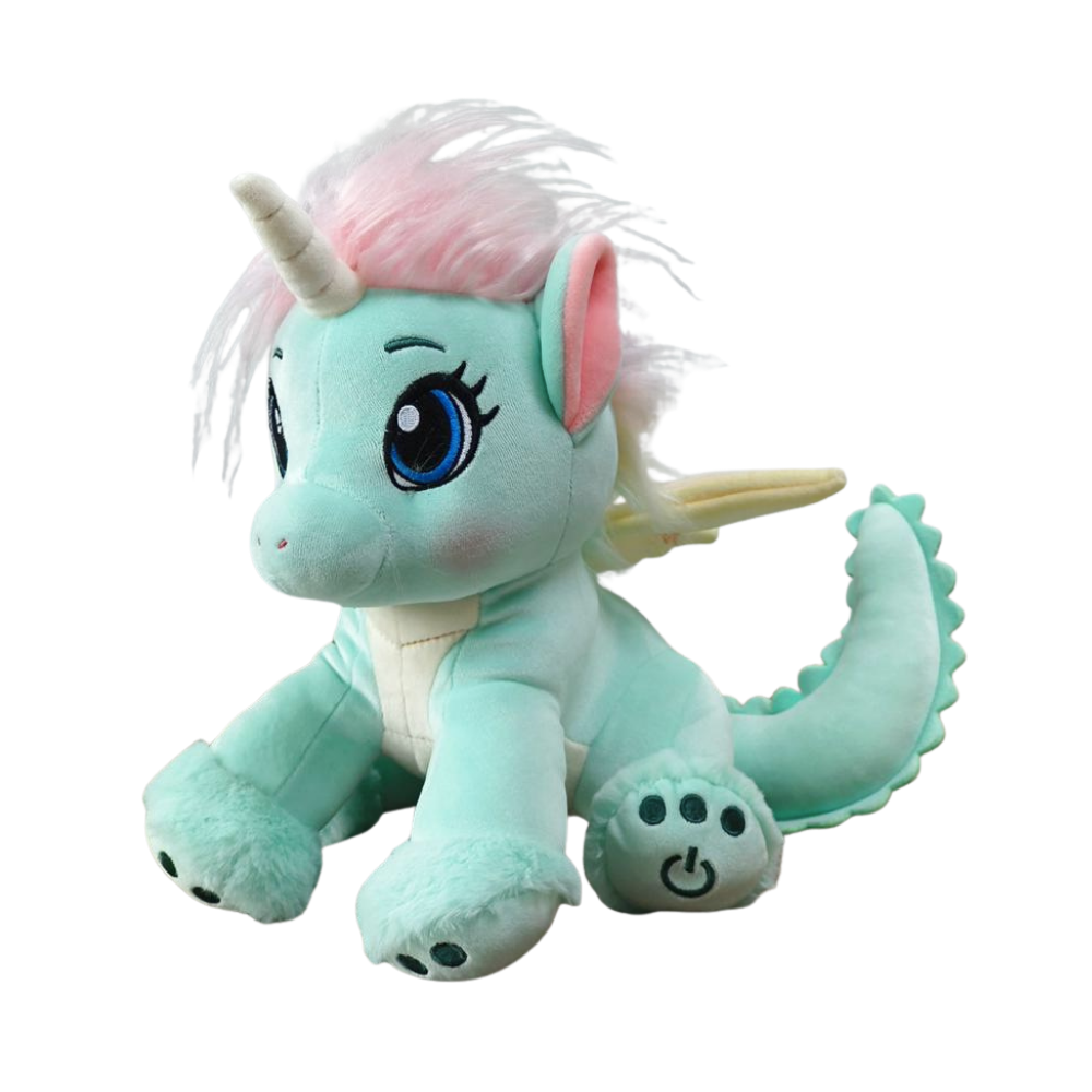 Einhorn-Plüschtier, türkisfarben mit pinkem Haar, beigem Horn, lächelndem Gesicht und Flügeln