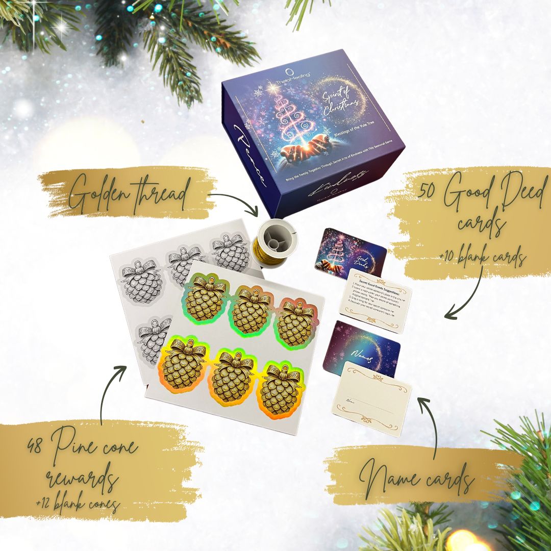 Weihnachtskarten-Set mit Tannenzapfen-Motiven und goldfarbener Satinband-Spule