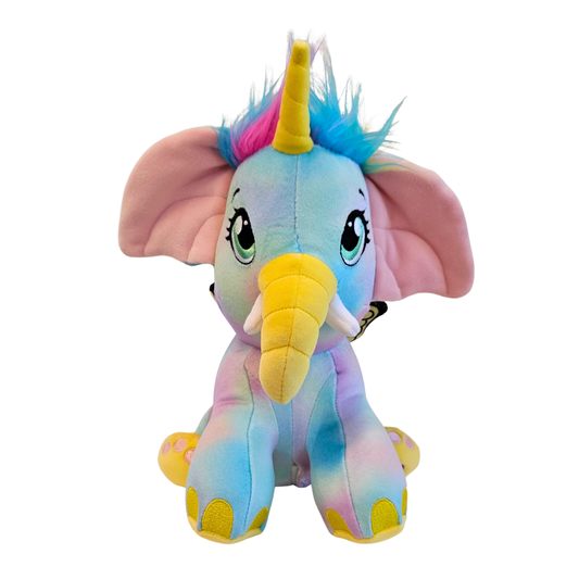 Plüsch-Einhorn mit Regenbogenmähne, grünen Augen und gelbem Horn in Pastellfarben