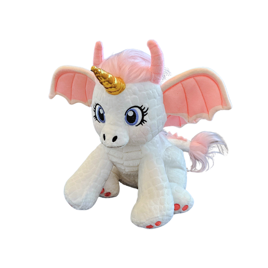 Plüsch-Einhorn mit goldenem Horn, rosa Flügeln und langen rosa Haaren am Schweif.