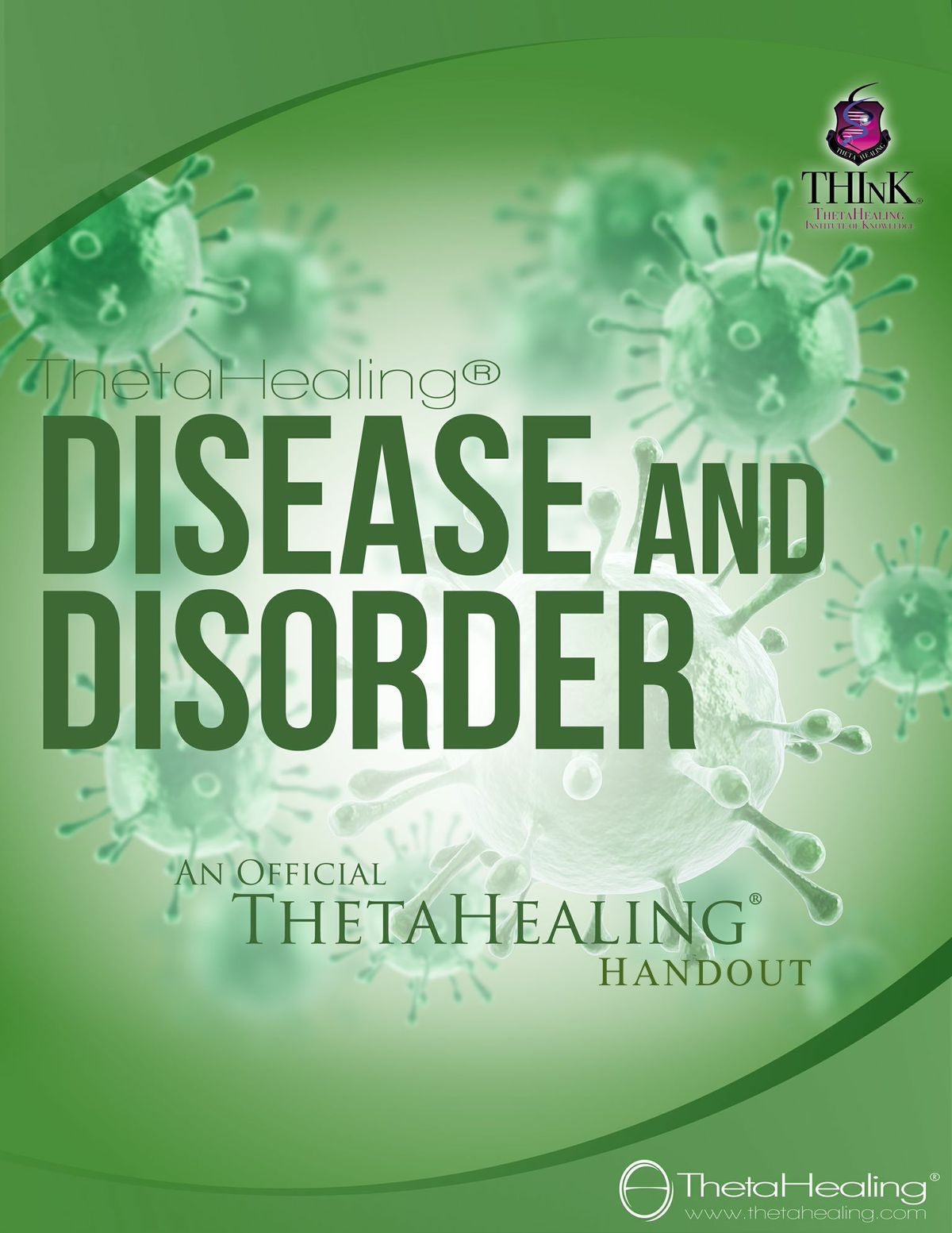Buchcover mit grünem Titel „DISEASE AND DISORDER“, ThetaHealing-Handout