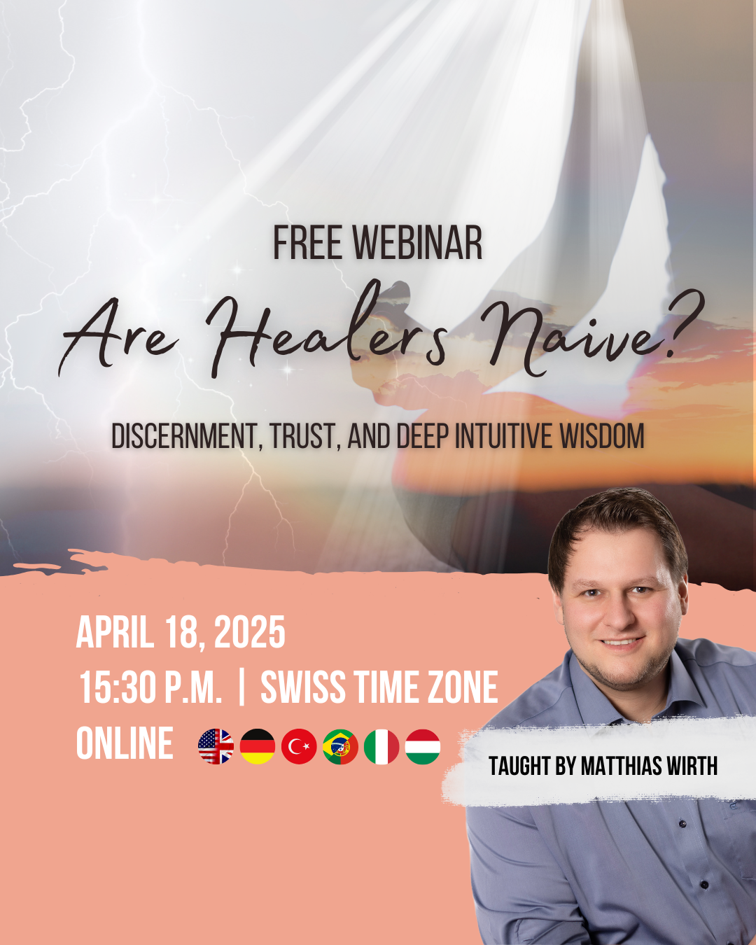 Online-Webinar „Sind Heiler naiv?“ Poster mit Termin und „Free Webinar“.