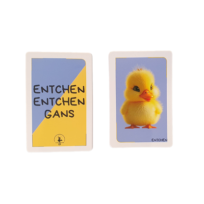 Ente-Gänse-Karte mit Entenmotiv und Karte mit gelb-blauer Rückseite