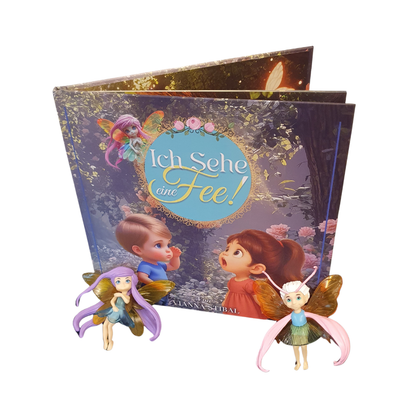 Spielbox mit Feenmotive, zwei Fee-Figuren und zwei Kinderfiguren davor