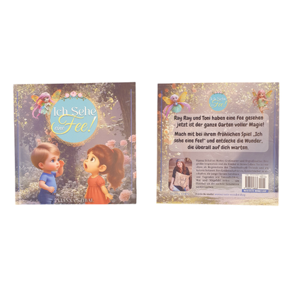 Spielbox-Front und Rückseite mit Feenmotive, Text und Barcode
