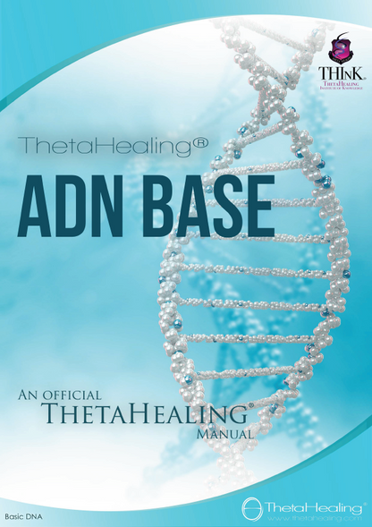 DNA-Handbuch mit „ADN BASE“-Schriftzug, Perlen-Doppelhelix und ThetaHealing-Logo