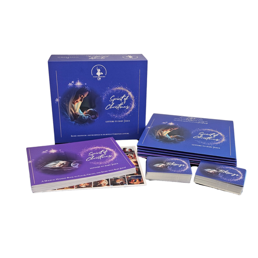 Weihnachtsbuch-Set: blaue Box, Buchumschlag, Karten und kleine Hefte mit Krippenmotiv