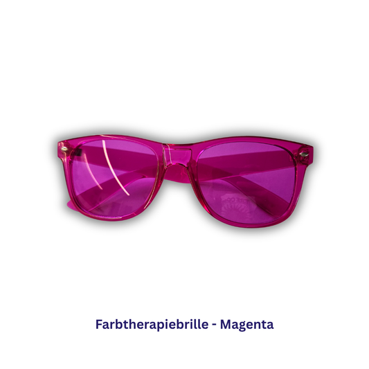 Magenta Farbtherapiebrille mit großen, rosa getönten Gläsern und transparenter Fassung