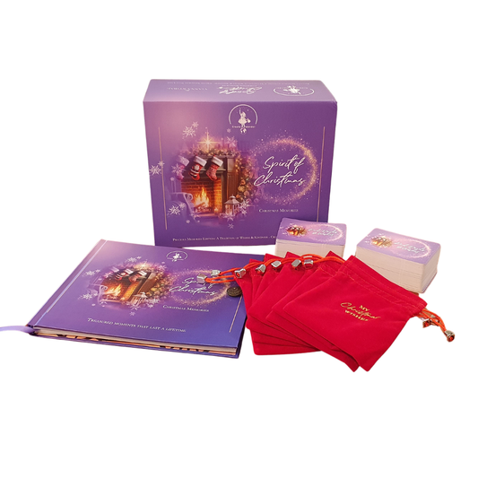 Weihnachts-Erinnerungsset mit violetter Box, Broschüre und rotem Stoffbeutel