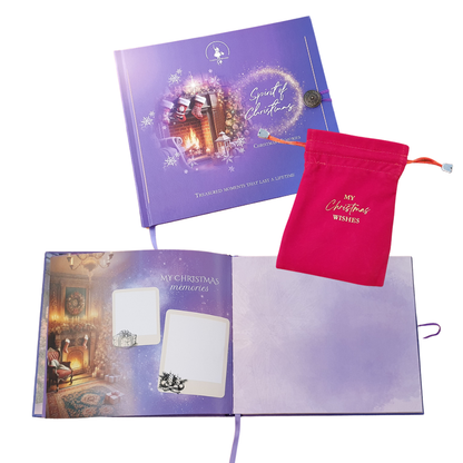 Weihnachts-Erinnerungsset: offenes Album mit Fotoausschnitten und rotem Beutel