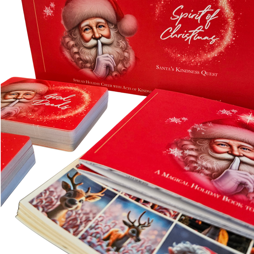 Offene rote Weihnachts-Spielbox mit Santa-Illustrationen auf Karten und Deckel