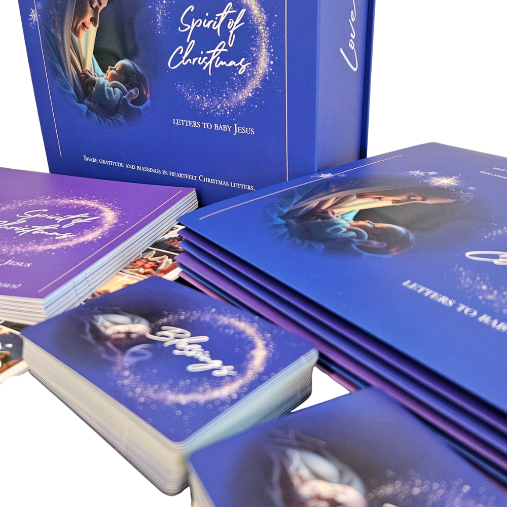 Weihnachtsbuch-Set mit dunkelblauen Covern, Krippenmotiv und Schriftzug, mehrere Exemplare