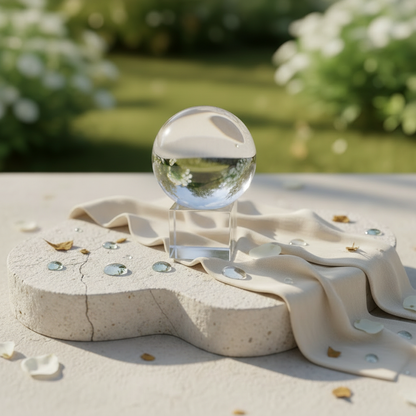 Glaskristallkugel aus klarem Glas auf transparentem Ständer auf weißem Tuch
