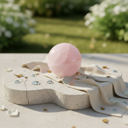 Rosenquarz-Kugel aus rosa schimmerndem Kristall, rundes Kugelstück.