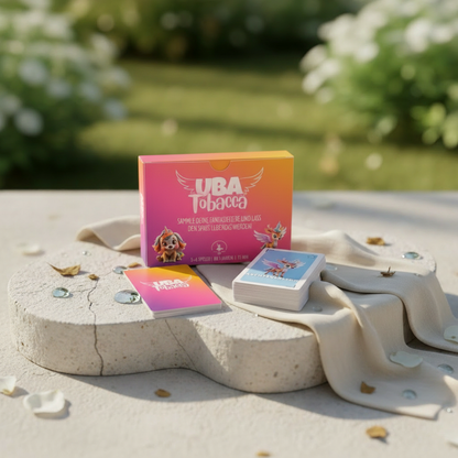 UBA Tobacca Kartenspiel-Box auf Tisch mit Kartenstapel