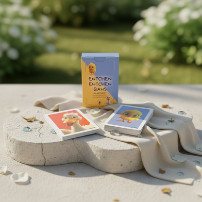 Ente-Gänse-Kartenspiel-Box und Karten auf Stein mit kleinen Deko-Federn