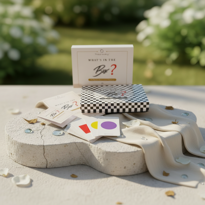 Geschenkbox mit Karten und bunten Symbolkarten sowie Schal/ Tuch auf Steinoberfläche