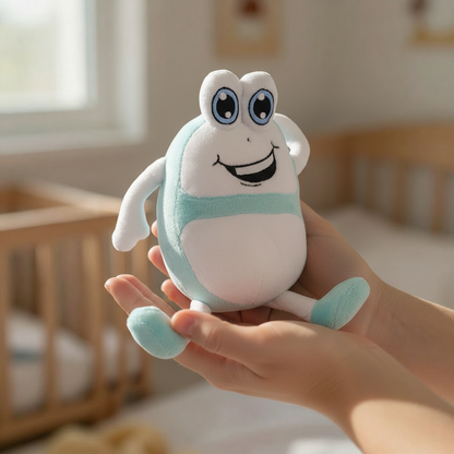 Plüsch-Teddybär mit freundlichem Gesicht, türkis-weißer Farbgestaltung und langen Armen
