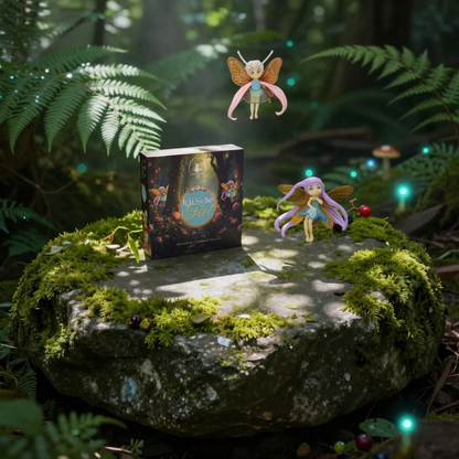 Fee-Figur und Geschenkbox auf Moosfelsen