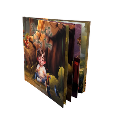Kinderbuch-Seitenansicht mit mehrfarbigem Einband „Shyne and the Talking Trees“