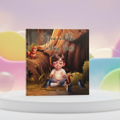 Kinderbuch mit Frontcover „Shyne and the Talking Trees“: Kind mit Blase im Wald