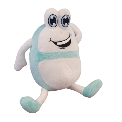 Plüsch-Teddybär, schräg sitzend, lächelndes Gesicht und türkisfarbene Elemente an den Füßen