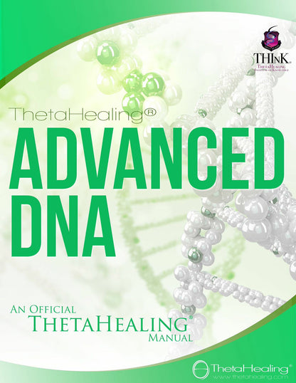 Handbuch „Advanced DNA“ mit ThetaHealing-Logo, grüner Titel auf Buchcover