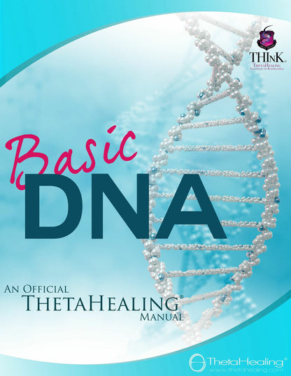DNA-Handbuch mit „Basic DNA“-Schriftzug und Perlen-Doppelhelix, ThetaHealing-Logo