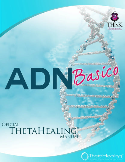 Handbuchcover mit DNA-Doppelhelix und Titel „ADN Basic“; ThetaHealing