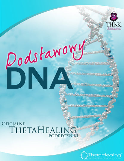 DNA-Handbuch mit „Podstawowy“-Schriftzug, Perlen-Doppelhelix und ThetaHealing-Logo