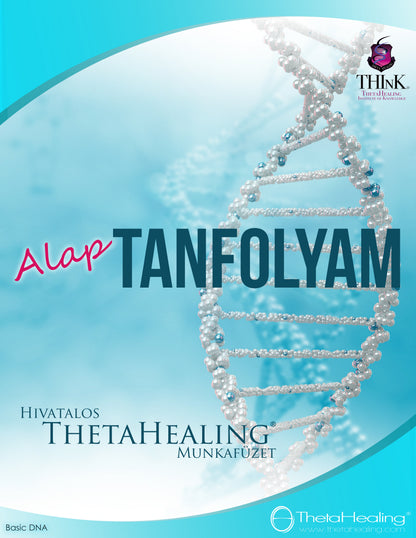 DNA-Handbuch mit „Alap TANFOLYAM“-Schriftzug, Perlen-Doppelhelix und ThetaHealing-Logo