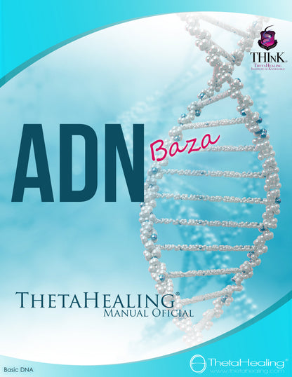 DNA-Handbuch mit „ADN Basis“-Schriftzug, Perlen-Doppelhelix und ThetaHealing-Logo