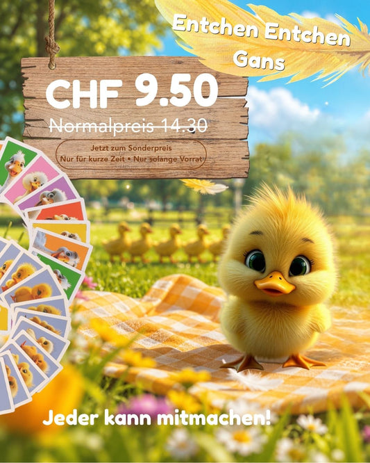 Werbeplakat mit gelbem Entchen auf kariertem Tuch, Textblock mit CHF 9.50 und Hinweis