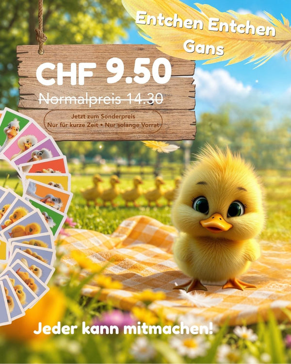 Werbeplakat mit gelbem Entchen auf kariertem Tuch, Textblock mit CHF 9.50 und Hinweis