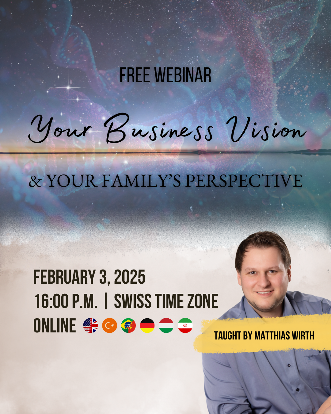 Werbe-Flyer: kostenloses Webinar „Your Business Vision“, 3. Feb. 2025, 16:00 Uhr