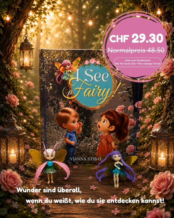 Zauberhaftes Buchcover mit Feenmotiv, Puppenfiguren und bunten Blumen