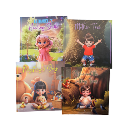 Kinderbuch-Set mit vier Bilderbuch-Exemplaren, je mit gedrucktem Cover und Figurenmotiven