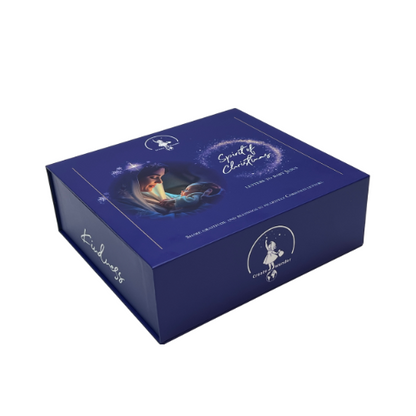 Blaue Geschenkbox mit Motiv und Aufdruck für Weihnachtskarten an Baby Jesus