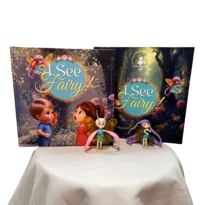 Spielbox mit Feenmotive und stehenden Figuren: zwei Kinder und zwei kleine Fee-Figuren