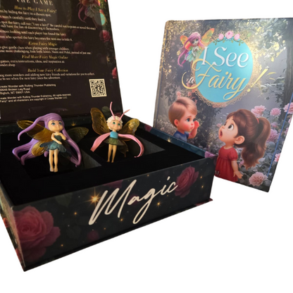 Spielbox-Set mit Feenmotive, zwei Fee-Figuren und einer geöffneten Kartonschachtel