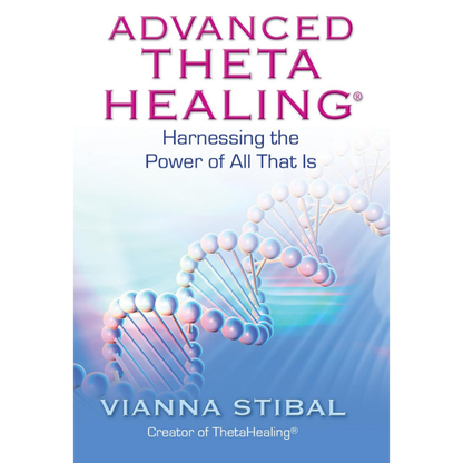 Buch: Advanced ThetaHealing mit großer Schrift und DNA-Molekülgrafik auf blauem Cover