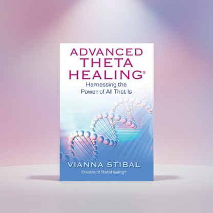Buch: Advanced ThetaHealing mit violettem Titel und DNA-Illustration auf blauem Cover