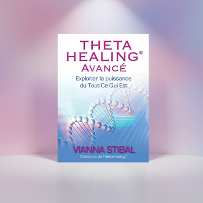 ThetaHealing Avancé-Buchcover, violetter Titel, DNA-Grafik und Schriftzug Viana Stibal
