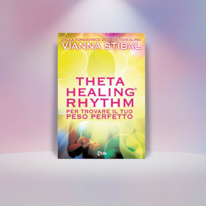 Buchcover im Hochformat, gelbe Grafik mit großem „THETA HEALING RHYTHM“-Schriftzug.