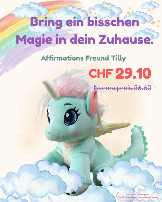 Plüsch-Einhornfigur mit blauem Fell, pinkem Mähnenhaar und kleinem Horn