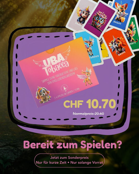 Kartenspiel mit bunten Spielkartenmotiven und UBA Tobacca Design